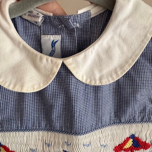 Silly Goose Hand Smocked Summer Beach Collar Dress Tie Back Blue Gingham 24M - Picture 3 of 8